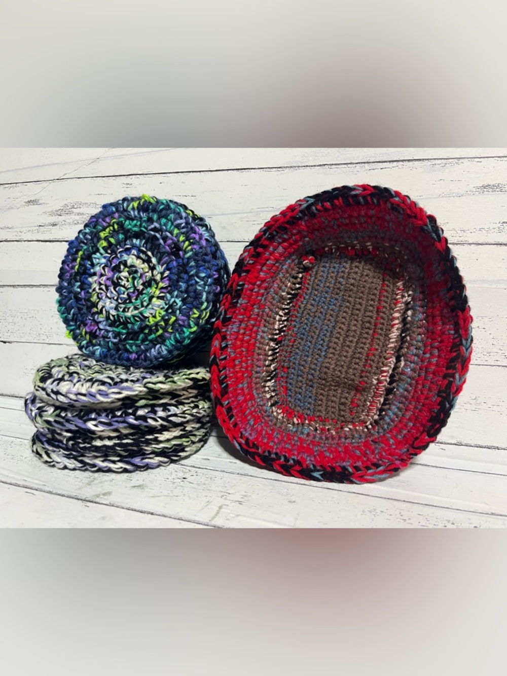 Handmade Crochet Bowl with 12 Coasters – Colorful Yarn Set, Boho Home Decor